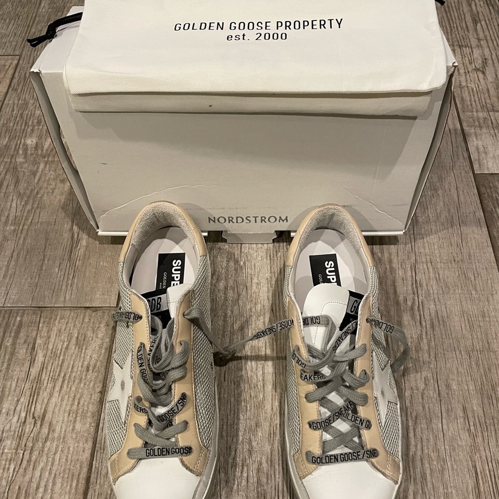 Golden Goose White Gray Tan Mesh Superstar Sneakers
